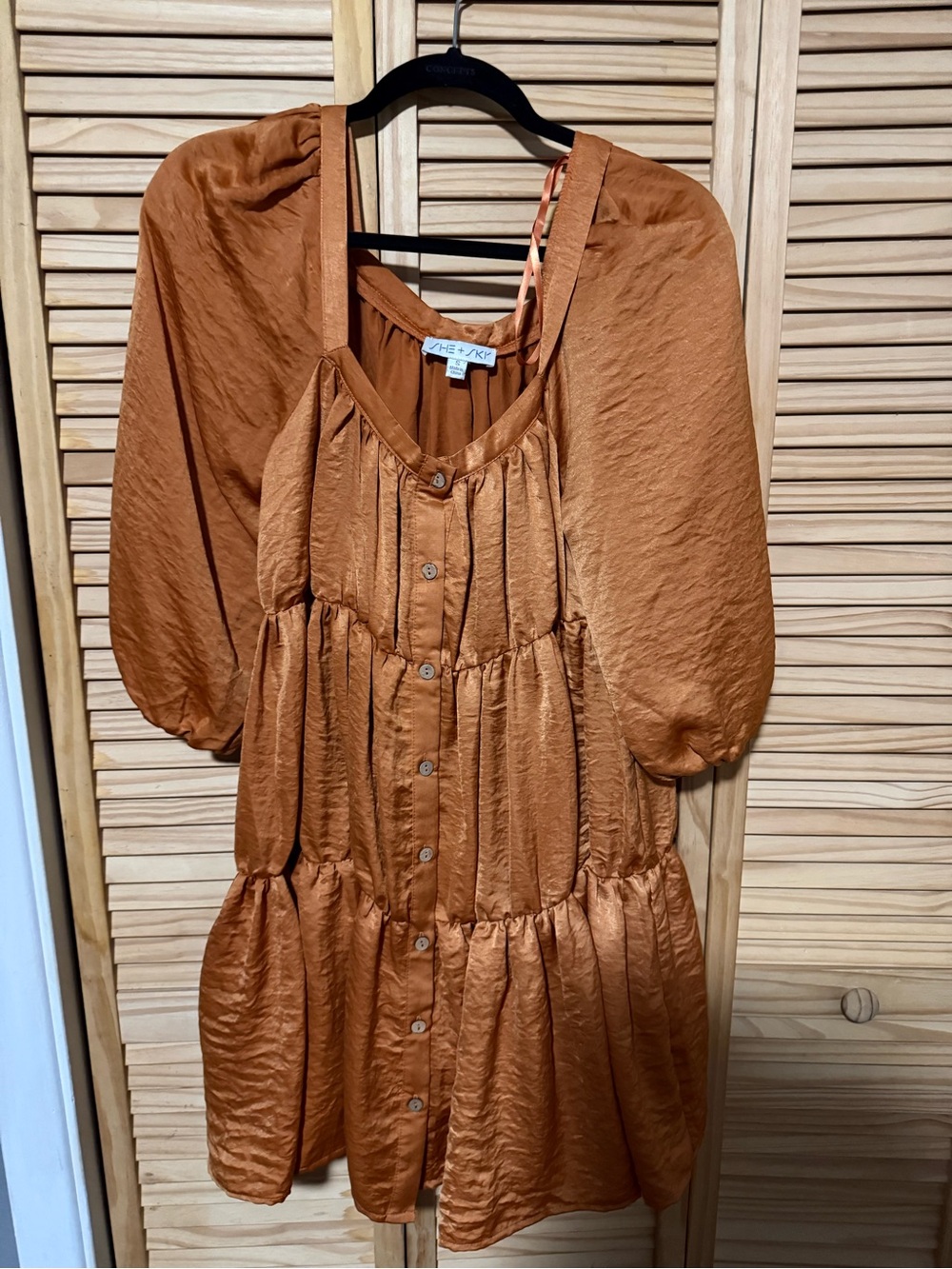 Rust Orange Tiered Button-Front Babydoll Dress